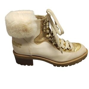Juicy Couture Heeled Boots Womens Size 8M Gold Sude‎ Leather Faux Fur Lace-up